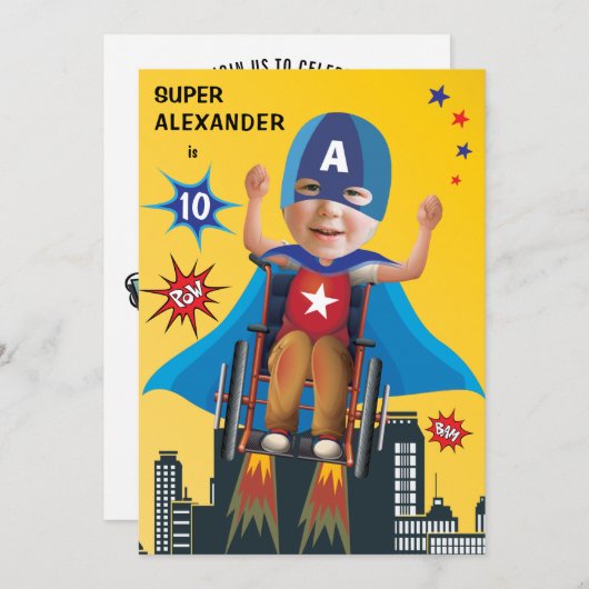 Mit Behinderung Superheld-Rollstuhlgenuss Geburtst Einladung (Vorne/Hinten)