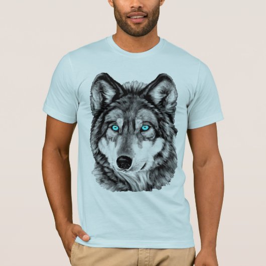 Mit blauen Augen Grayscale gemalter Wolf T-Shirt (Vorderseite)