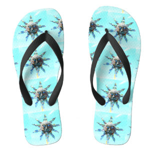 mit blauen Augen Sonnegesicht auf hellblauem Badesandalen