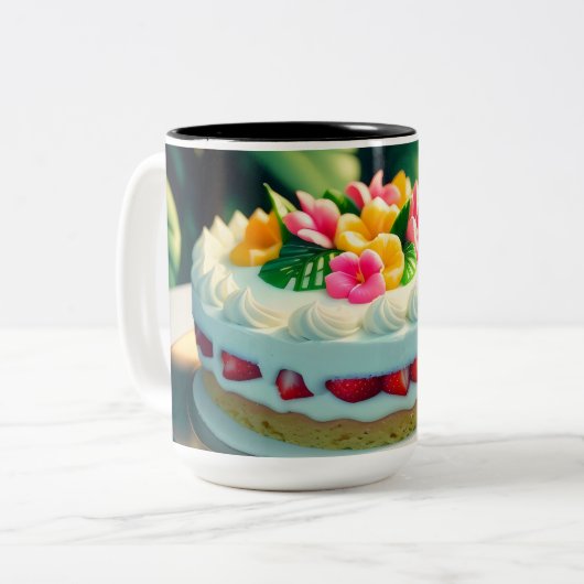 mit Blume und Obst oben und einer Blume backen Zweifarbige Tasse (Vorderseite Links)