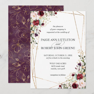 Mit Blumendunkelrote, Lila und erröten Hochzeit Einladung