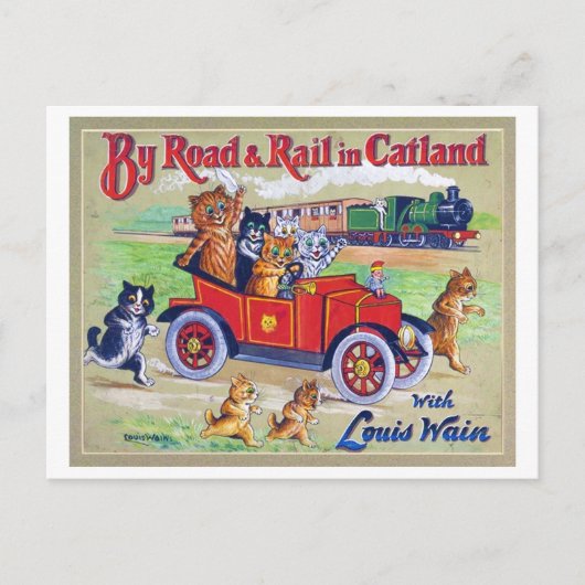 Mit dem Auto & Rail in Catland, Louis Wain Postkarte (Vorderseite)
