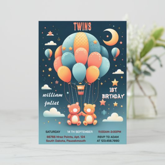 Mit der gemeinsamen Bär Hot Air Ballon Twins 1. Ge Einladung (Stehend Vorderseite)