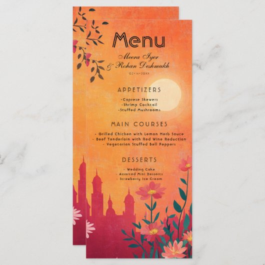 Mit der schönen Textkarte Sunset Serenade Menükarte (Vorne/Hinten)