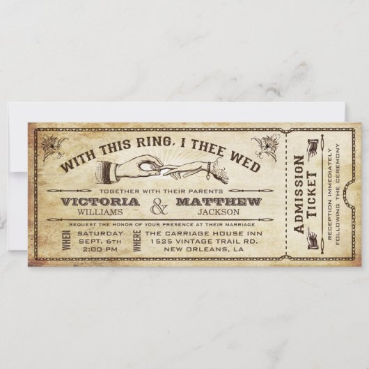 Mit diesem Ring, Vintage Wedding Ticket Einladung (Vorderseite)
