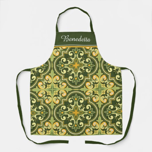 Mit eigenem Namen 💚 Oliven und Gelb Azulejos Schürze (Vorderseite)
