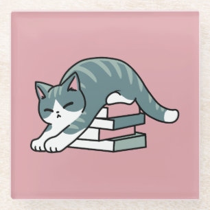 Mit einem Buch und einer Katze aufgerollt - Gemütl Glasuntersetzer