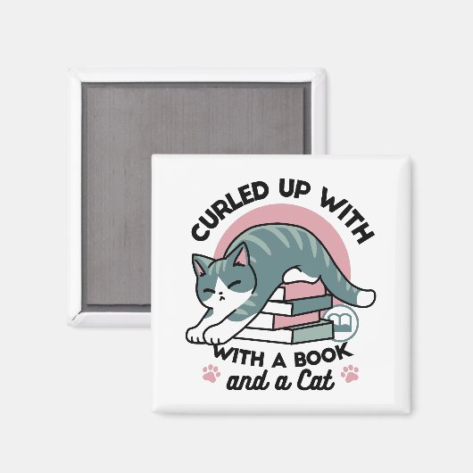 Mit einem Buch und einer Katze aufgerollt - Gemütl Magnet (Vorderseite/Rückseite)