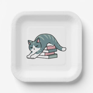 Mit einem Buch und einer Katze aufgerollt - Gemütl Pappteller