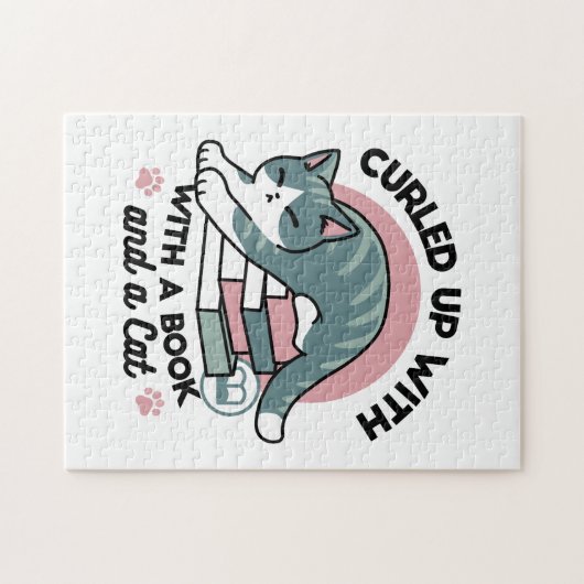 Mit einem Buch und einer Katze aufgerollt - Gemütl Puzzle (Horizontal)