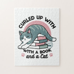 Mit einem Buch und einer Katze aufgerollt - Gemütl Puzzle