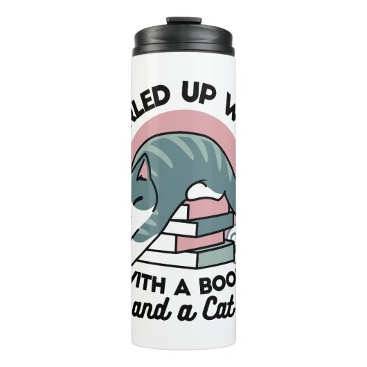 Mit einem Buch und einer Katze aufgerollt - Gemütl Thermosbecher (Vorderseite)