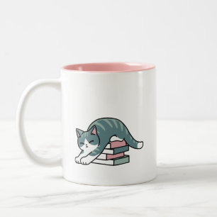 Mit einem Buch und einer Katze aufgerollt - Gemütl Zweifarbige Tasse