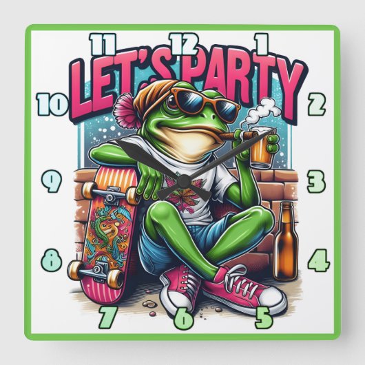 Mit einem coolen Frosch auf einem Skateboard feier Quadratische Wanduhr (Vorderseite)