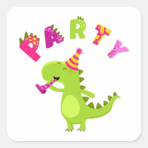 Mit einem Dino-Mite Party in den Spaß schwingen! Quadratischer Aufkleber
