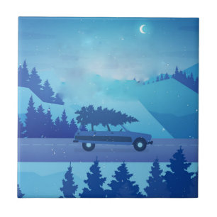 Mit einem Weihnachtsbaum die Straße entlang fahren Fliese