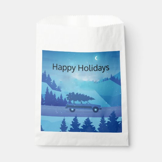 Mit einem Weihnachtsbaum die Straße hinunter fahre Geschenktütchen (Vorderseite)