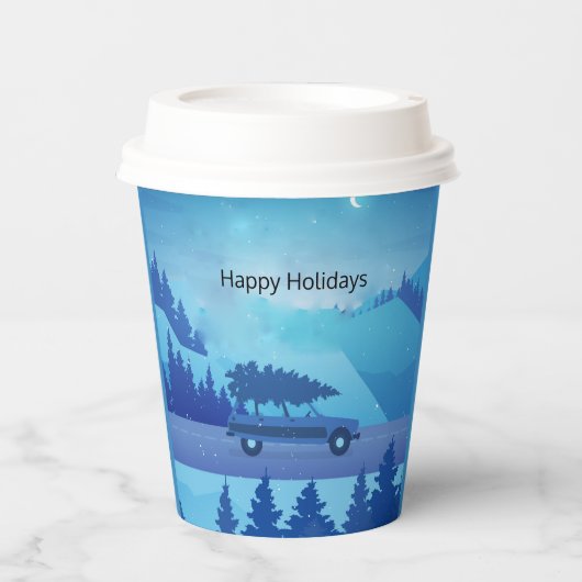 Mit einem Weihnachtsbaum die Straße hinunter fahre Pappbecher (Vorderseite)