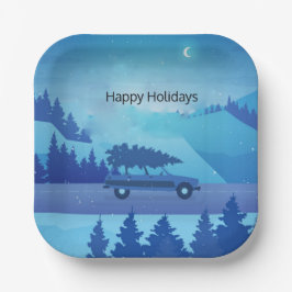 Mit einem Weihnachtsbaum die Straße hinunter fahre Pappteller