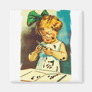 Mit Farbe beschmutztes Mädchen. Farbige Vintage-Ze Magnet