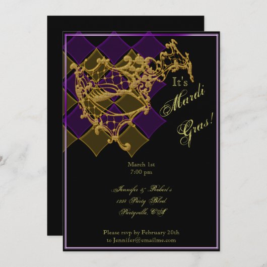 Mit Filigran geschmückte Maske auf Lila und Einladung (Vorne/Hinten)