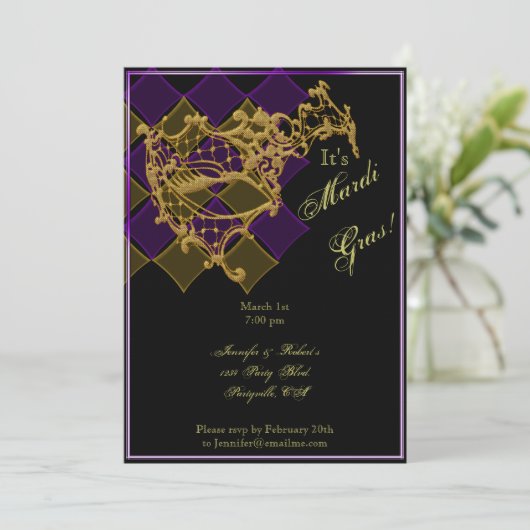 Mit Filigran geschmückte Maske auf Lila und Einladung (Stehend Vorderseite)