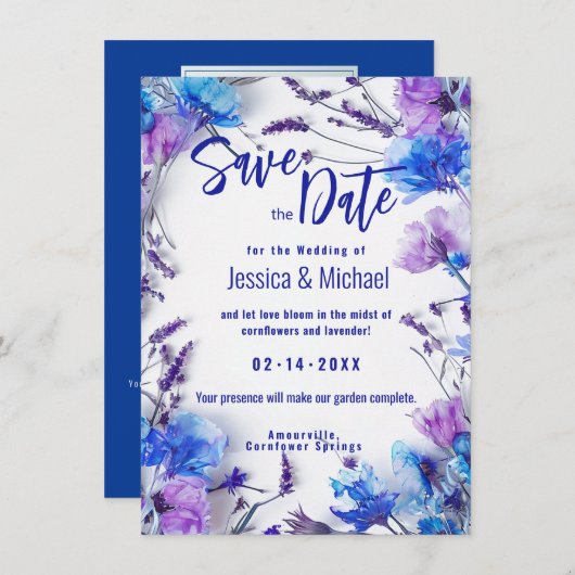 Mit Foto Cornblumen und Lavendel Elegance Save The Date (Vorne/Hinten)