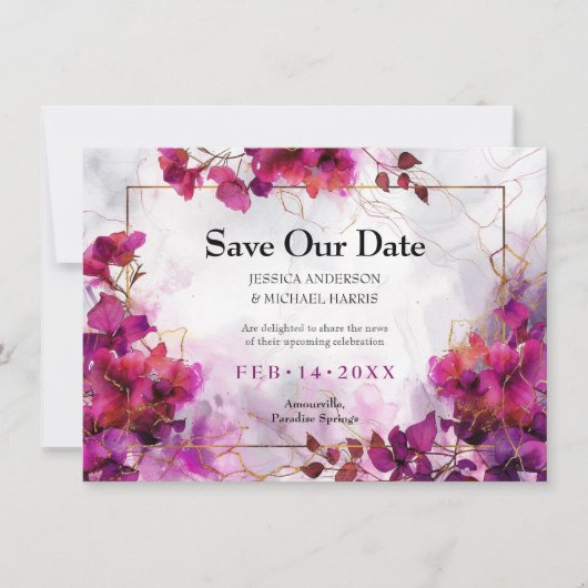 Mit Foto Fuchsia Verzauberung: Wasserfarbe Save The Date (Vorderseite)
