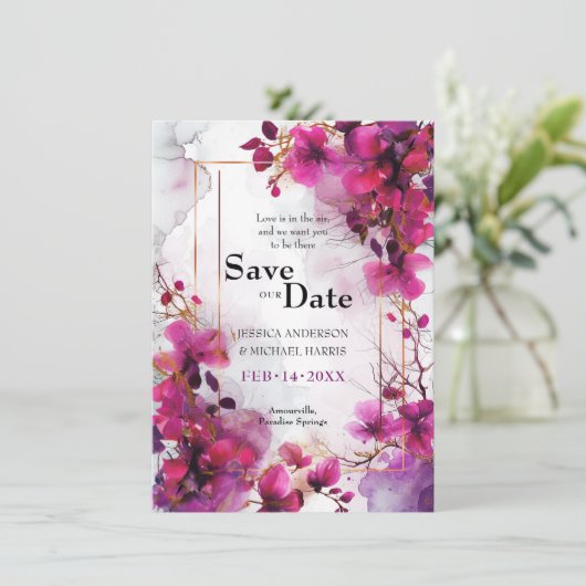Mit Foto Fuchsia Verzauberung: Wasserfarbe Save The Date (Stehend Vorderseite)
