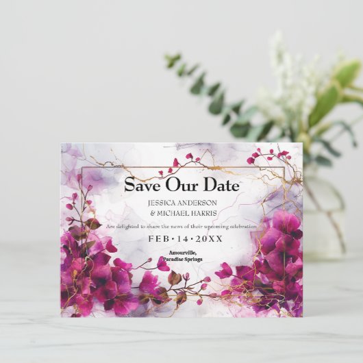 Mit Foto Fuchsia Verzauberung: Wasserfarbe Save The Date (Stehend Vorderseite)
