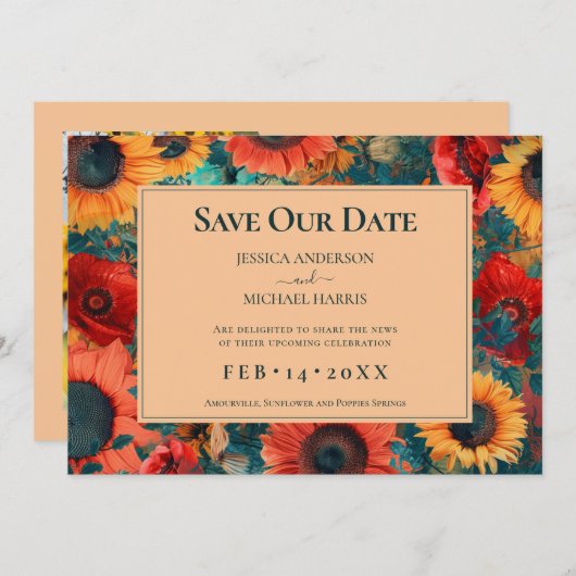 Mit Foto 🌻 Sonnenblumen und Mohnreverie Save The Date (Vorne/Hinten)
