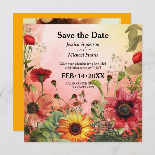🌻 mit Foto Sunny Petals & Scarlet Blocks Save The Date (Vorne/Hinten)