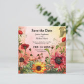 🌻 mit Foto Sunny Petals & Scarlet Blocks Save The Date (Stehend Vorderseite)