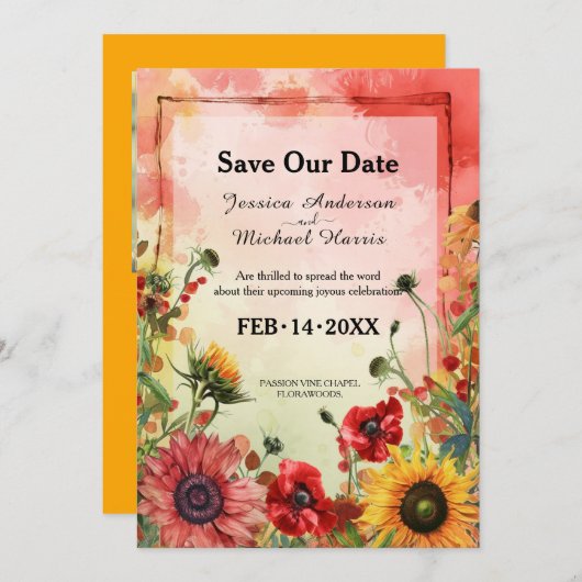 🌻 mit Foto Sunny Petals & Scarlet Blocks Save The Date (Vorne/Hinten)