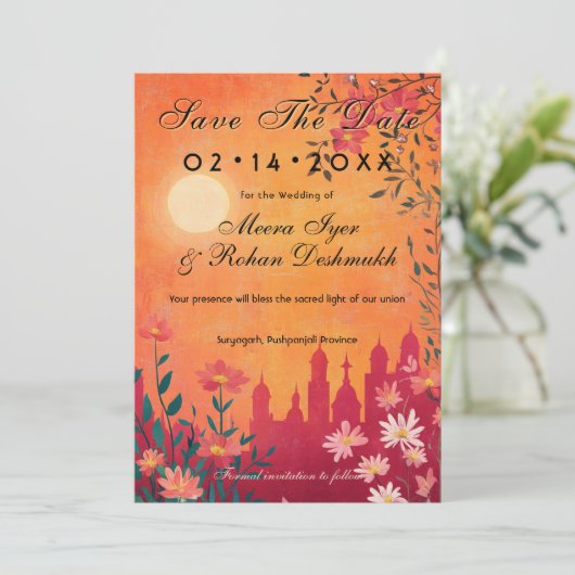 Mit Foto Sunset Serenade Hochzeit Save The Date (Stehend Vorderseite)