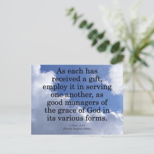 Mit Geschenken Gottes 1 Peter 4:10 Postkarte (Stehend Vorderseite)