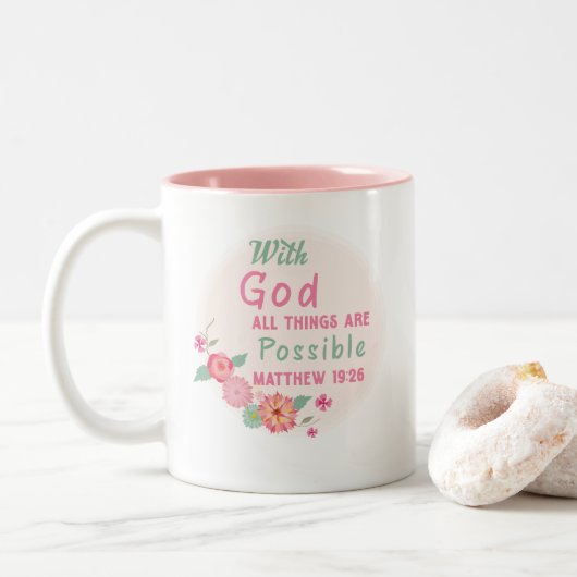 Mit Gott ist alles möglich - Matthew 19:26 Zweifarbige Tasse (Mit Donut)