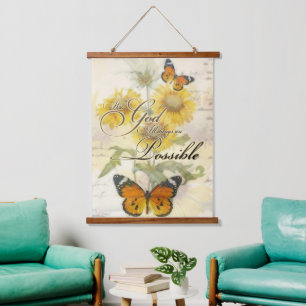 Mit Gott Sonnenblumen und Schmetterling    Wandteppich Mit Holzrahmen