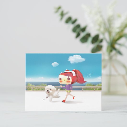 Mit Hund am Meer laufen Ankündigungspostkarte (Stehend Vorderseite)