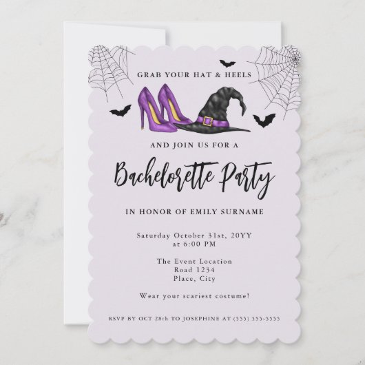 mit Hut und Heelsen Lila Halloween Bachelorette Einladung (Vorderseite)
