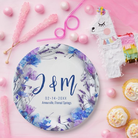 💍 mit Initialen Cornblumen und Lavendel Pappteller (Party)
