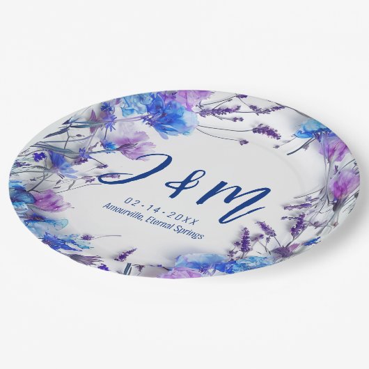 💍 mit Initialen Cornblumen und Lavendel Pappteller (Schrägansicht)