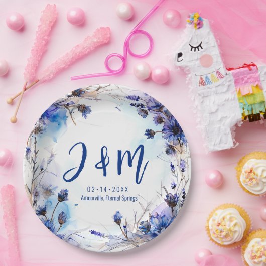 💍 Mit Initialen Cornblumen und Lavender Elegance Pappteller (Party)