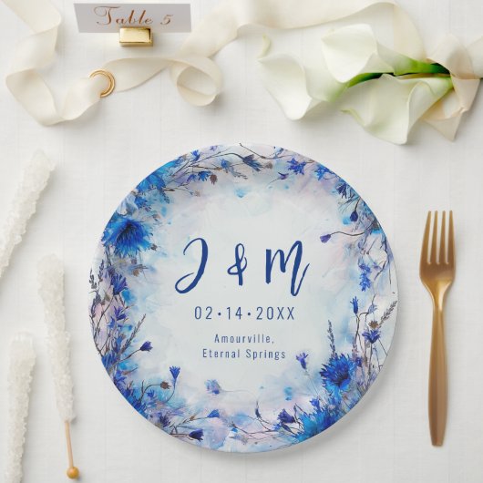 💍 Mit Initialen Cornblumen und Lavender Elegance Pappteller (Hochzeit)