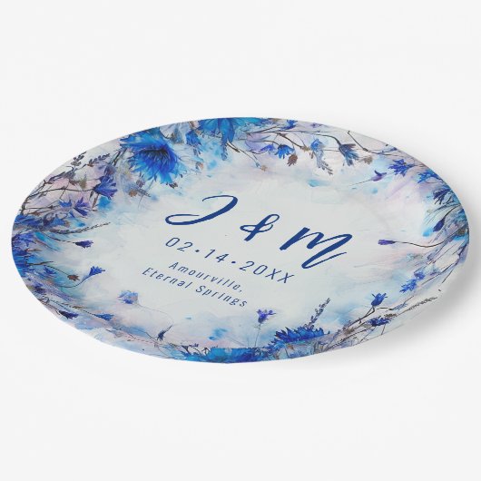 💍 Mit Initialen Cornblumen und Lavender Elegance Pappteller (Schrägansicht)