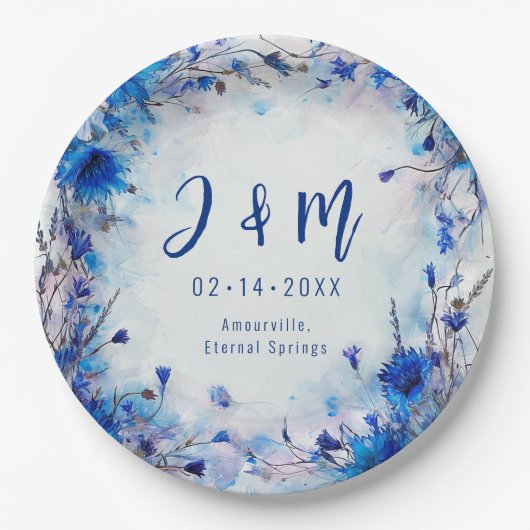 💍 Mit Initialen Cornblumen und Lavender Elegance Pappteller (Vorderseite)