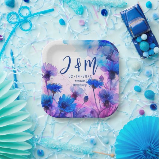 💍 Mit Initialen Cornblumen und Lavender Elegance Pappteller (Party)