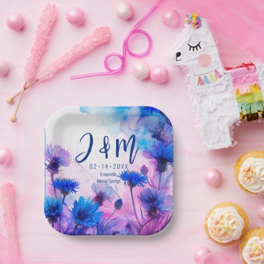 💍 Mit Initialen Cornblumen und Lavender Elegance Pappteller (Party)