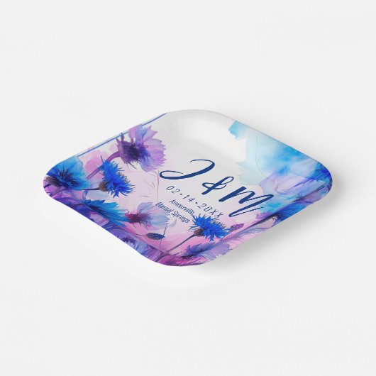 💍 Mit Initialen Cornblumen und Lavender Elegance Pappteller (Gewinkelt)