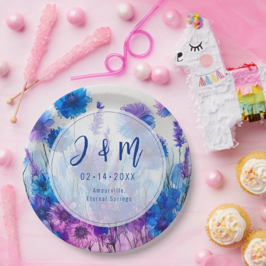 💍 Mit Initialen Cornblumen und Lavender Elegance Pappteller (Party)